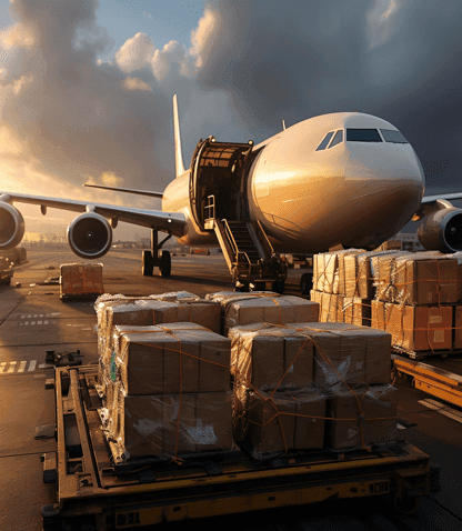 Palletised freight being loaded onto an aircraft